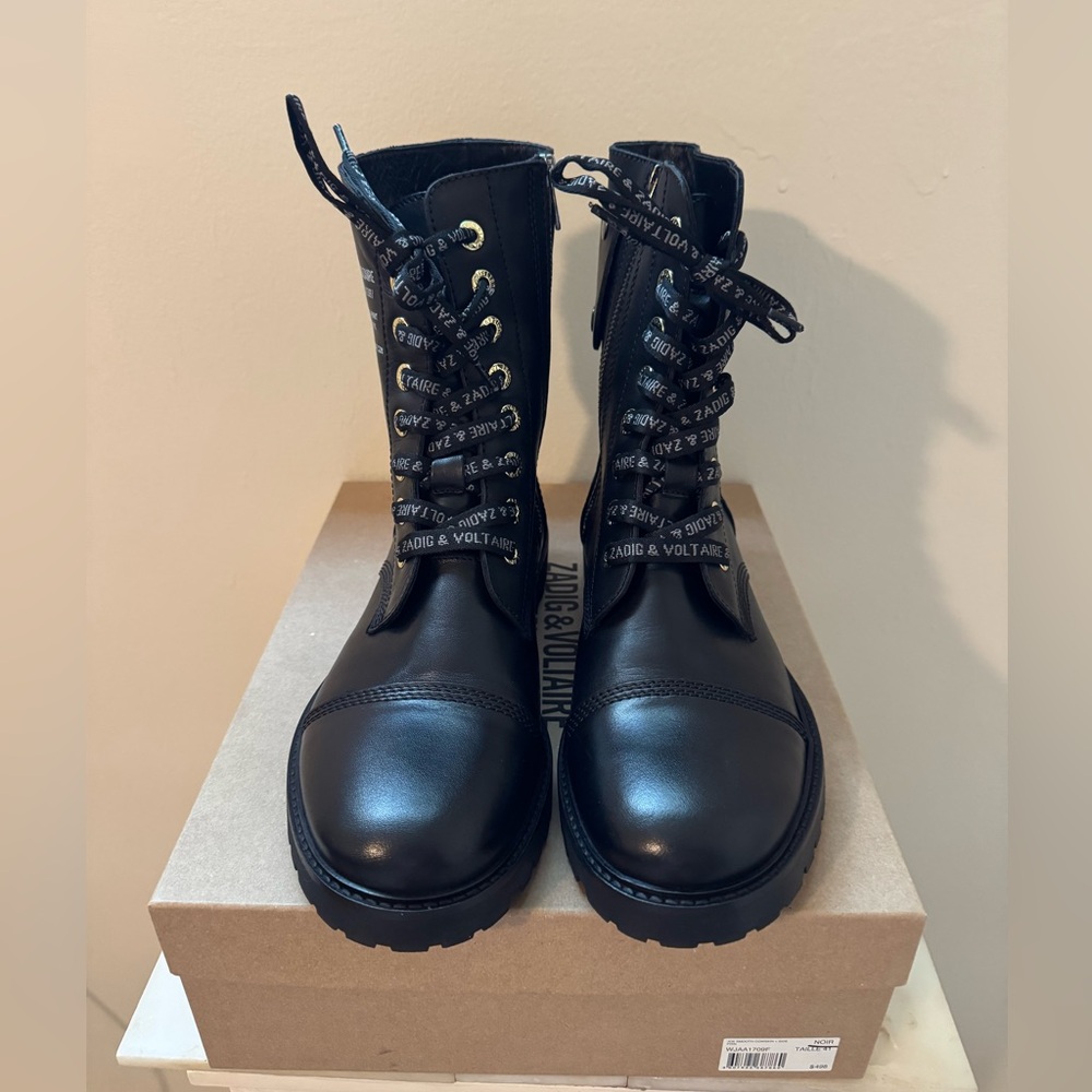 nOir Jewelry Black Combat Moto Boots Glossy Leather